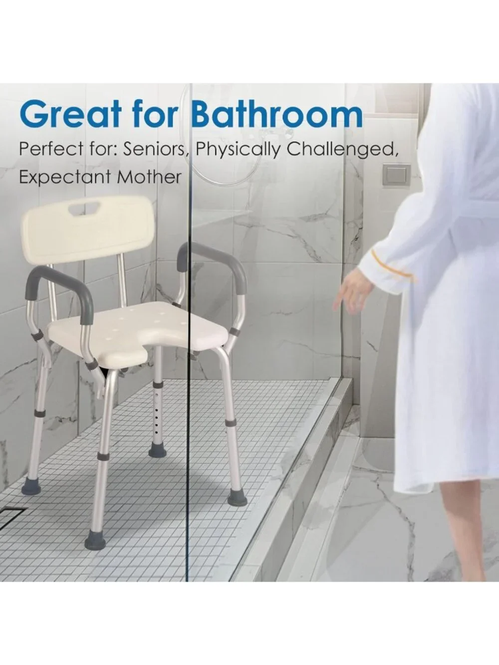 Heavy Duty Shower Chair with Arms & Back, 330lbs Capacity, Tool-Free Assembly